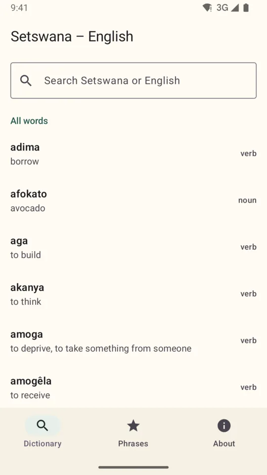 The word list: adima – borrow, afokato – avocado, aga – to build, akanya – to think.