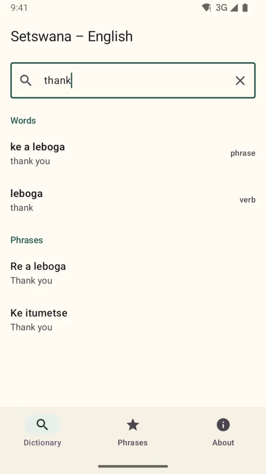 Searching the English word thank finds ke a leboga, leboga and two phrases.