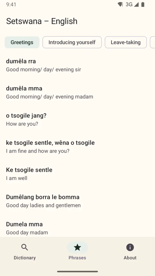 Greetings: dumêla rra – good morning sir, o tsogile jang? – how are you?